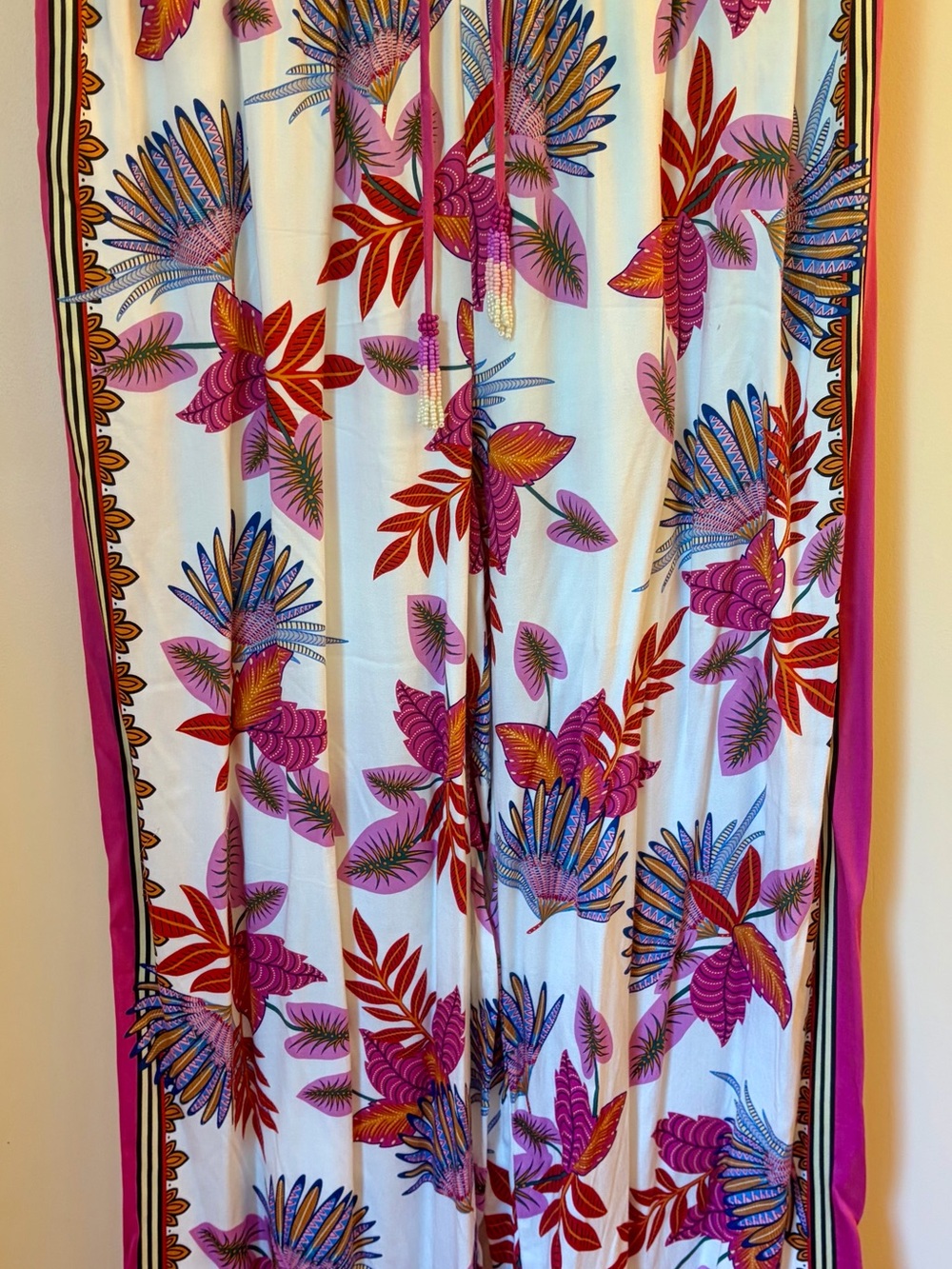 Haute Hippie White wide leg pants with Pink, Red and Blue Tropical Print